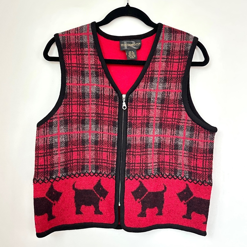 Vintage Plaid Wool Scottie Dog Vest Red Black Tartan  Dog Pattern Vest Zip Up